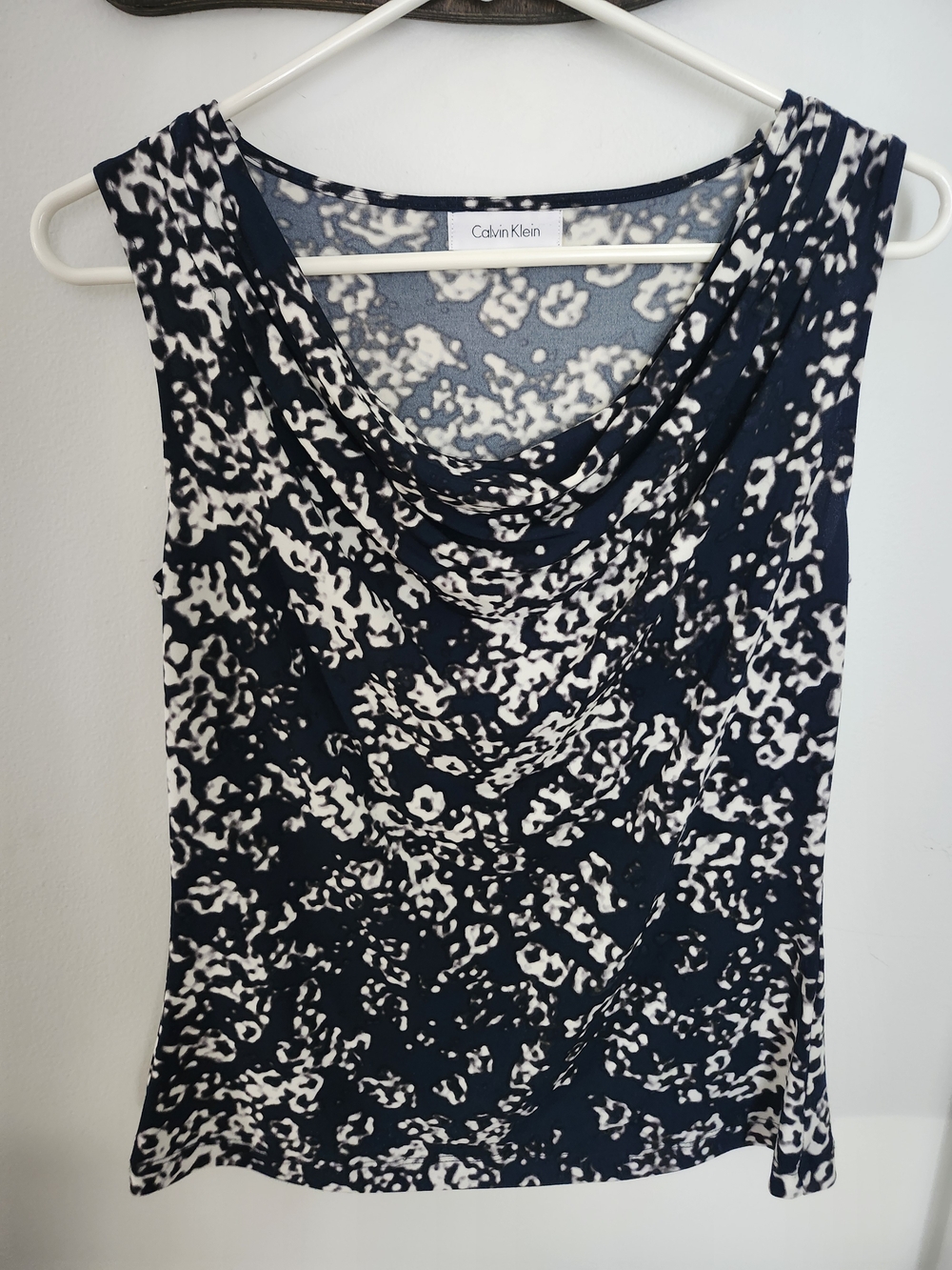 Calvin Klein Navy & White Printed Cowl Neck Tank Top